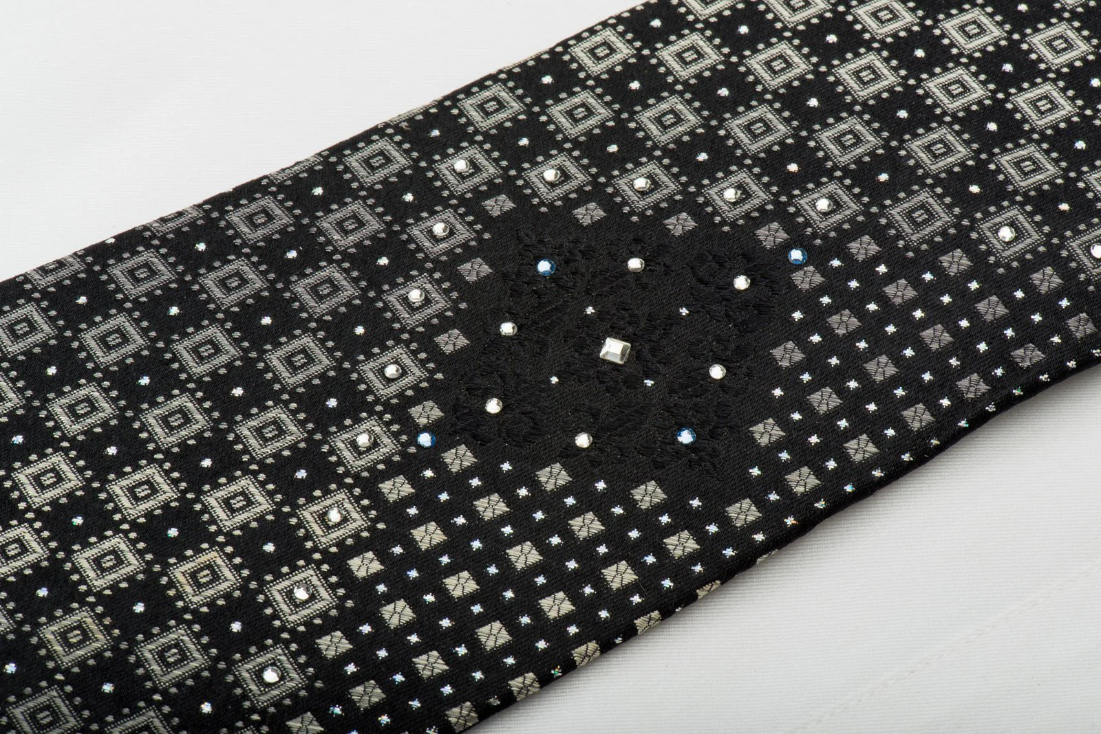 Basic Elle Rhinestone Silk Necktie Silver Geometric On Black With Silver Sparkles - Image 4