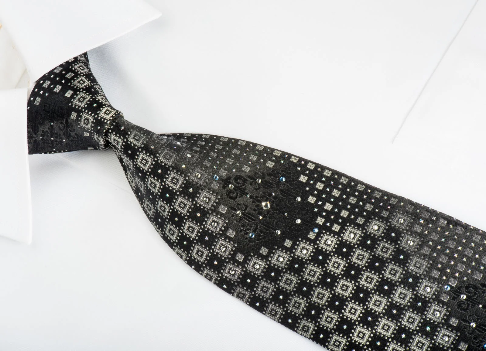 Basic Elle Rhinestone Silk Necktie Silver Geometric On Black With Silver Sparkles - Image 5