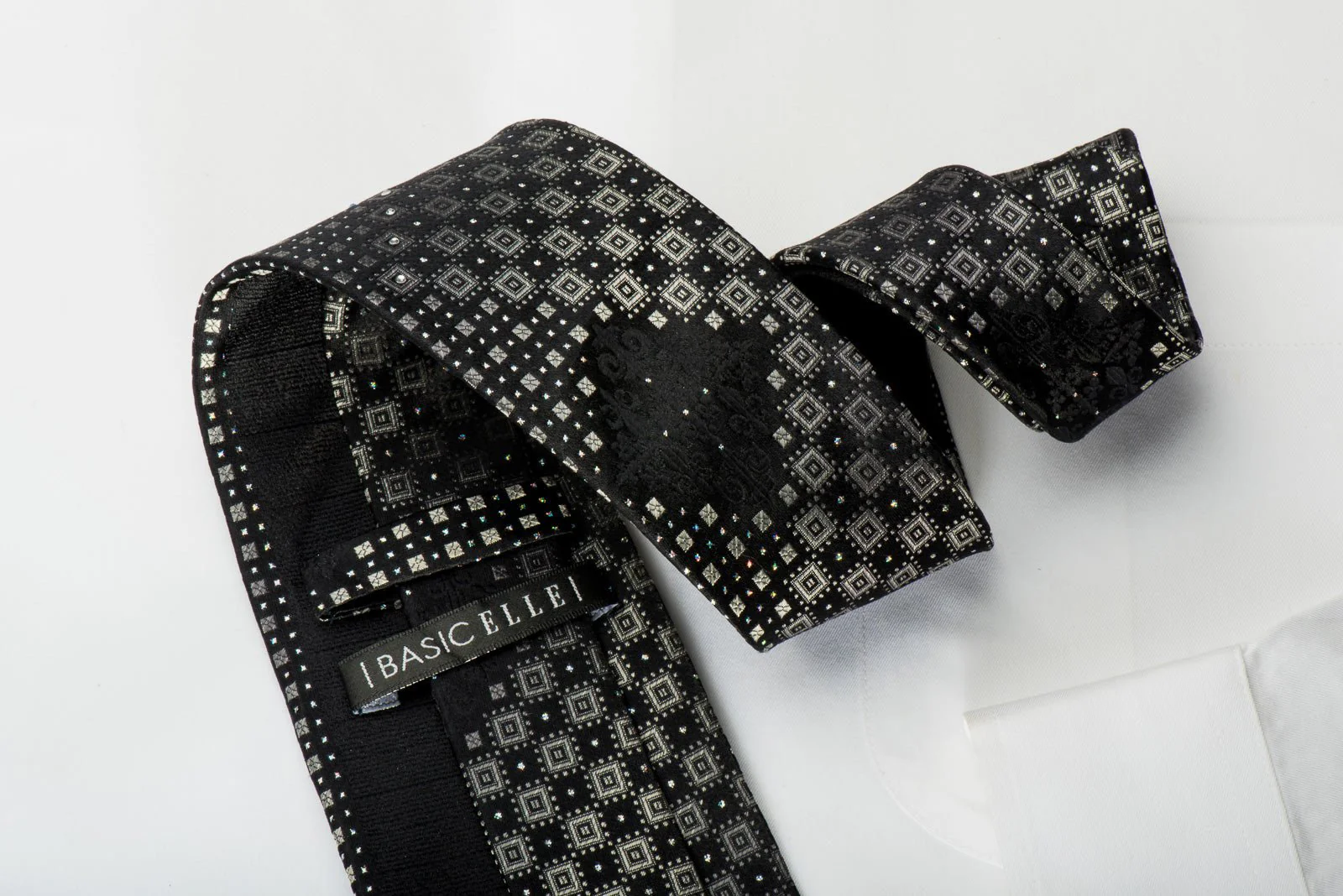 Basic Elle Rhinestone Silk Necktie Silver Geometric On Black With Silver Sparkles - Image 6