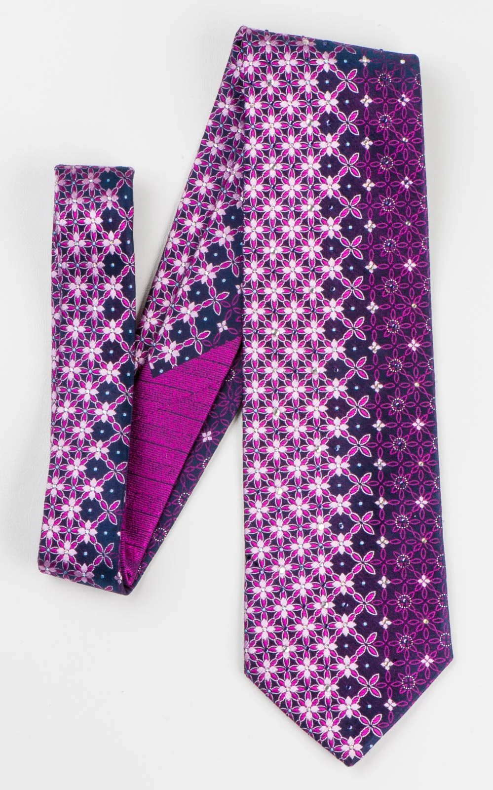 Bassic Elle Silk Necktie Pink Geometric Floral Design On Purple With Rhinestones - Image 2
