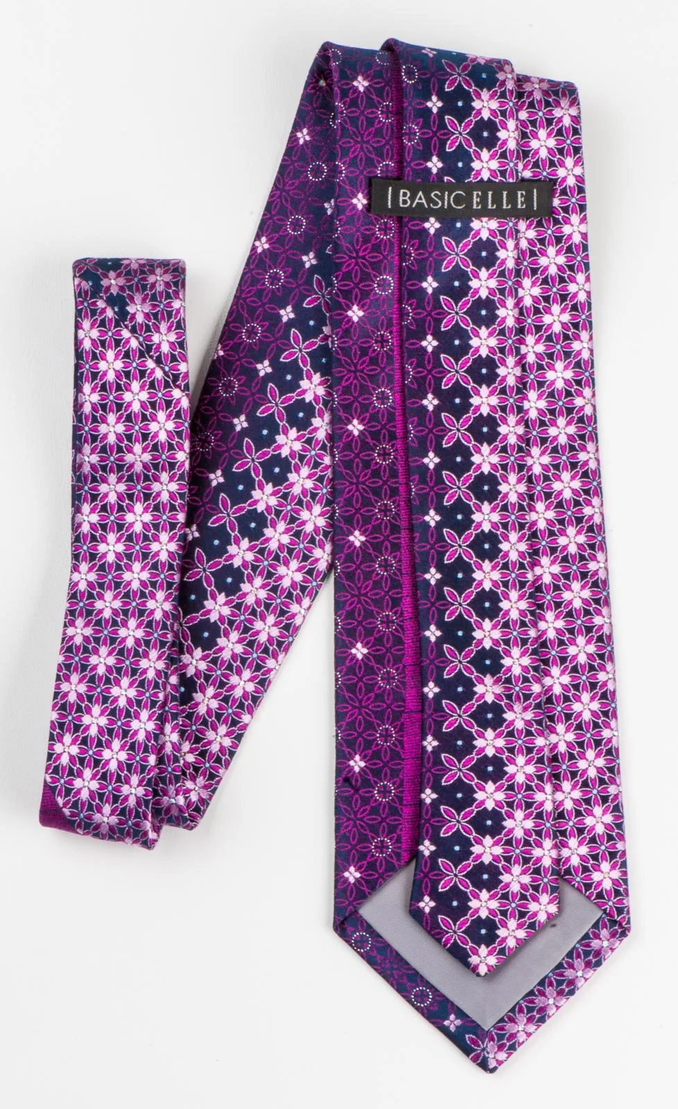 Bassic Elle Silk Necktie Pink Geometric Floral Design On Purple With Rhinestones - Image 3