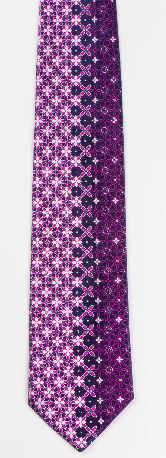Bassic Elle Silk Necktie Pink Geometric Floral Design On Purple With Rhinestones - Image 4