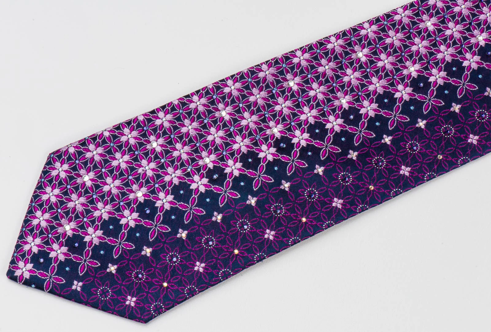 Bassic Elle Silk Necktie Pink Geometric Floral Design On Purple With Rhinestones - Image 5