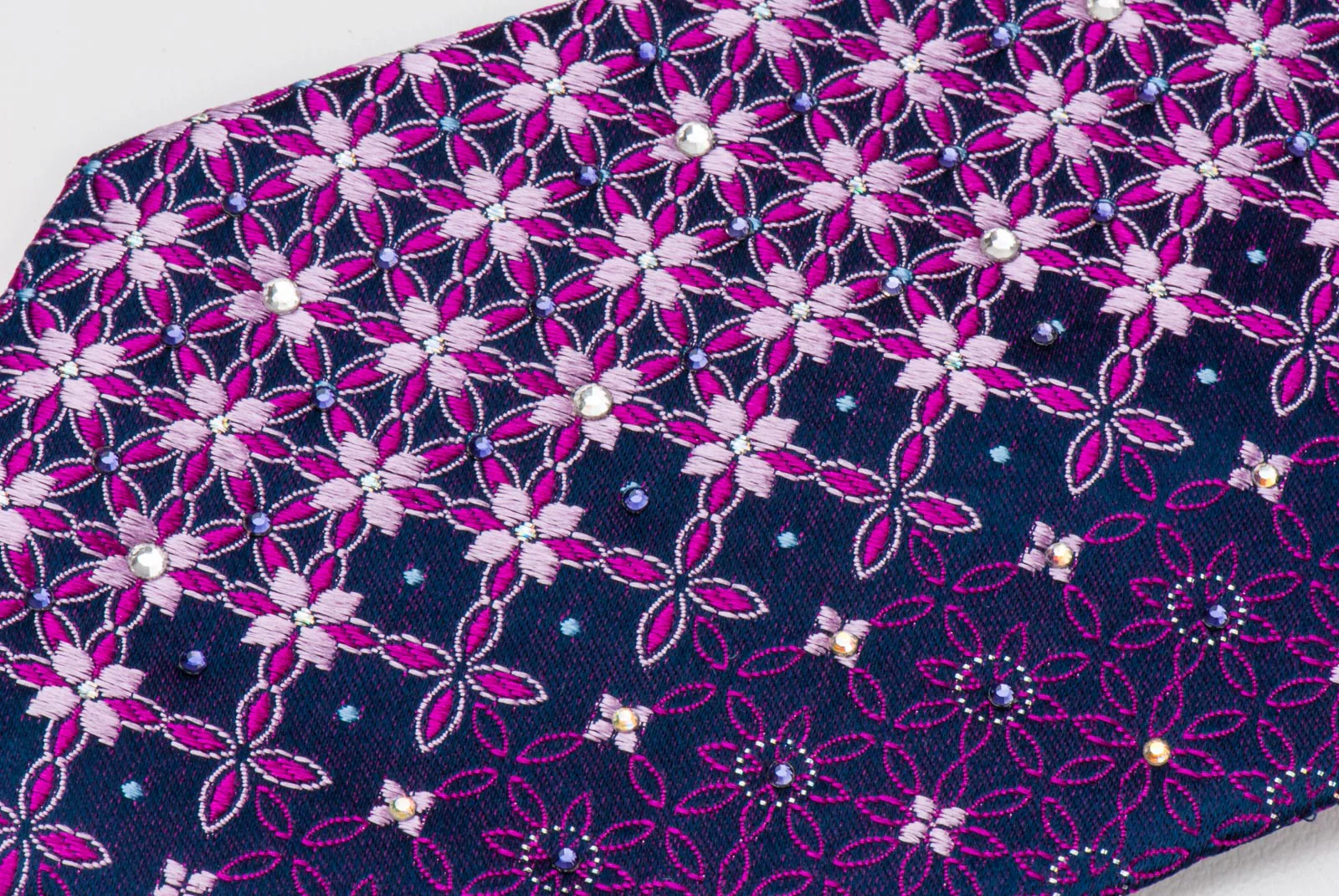 Bassic Elle Silk Necktie Pink Geometric Floral Design On Purple With Rhinestones - Image 7