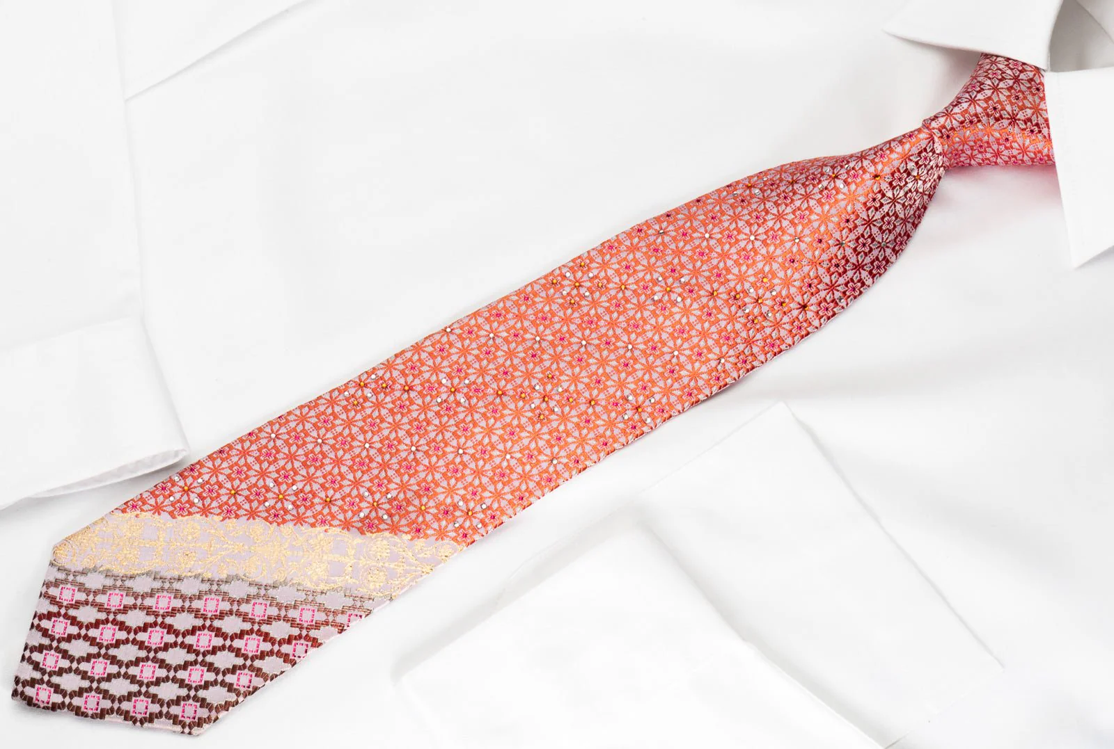 Belformo Rhinestone Silk Necktie Orange Geometric On White With Sparkles - Image 6