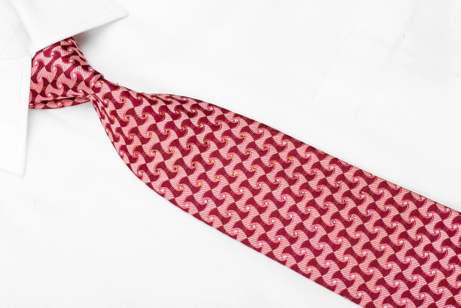 Benny Ong Men's Crystal Silk Necktie Geometric On Red With Silver Sparkles - Image 2