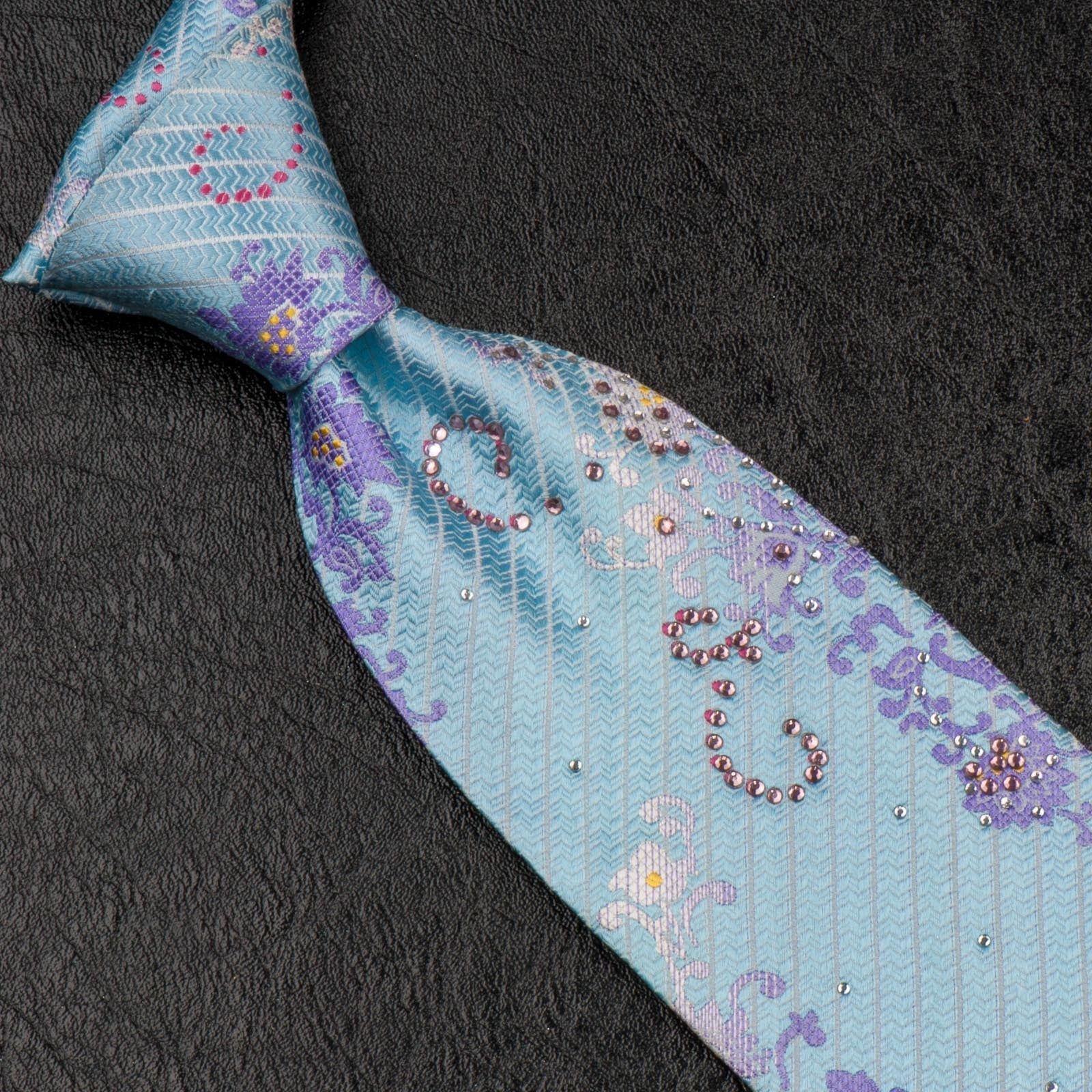 Beverly Hills Polo Club Rhinestone Silk Neck Tie Floral Design On Light Blue - Image 5