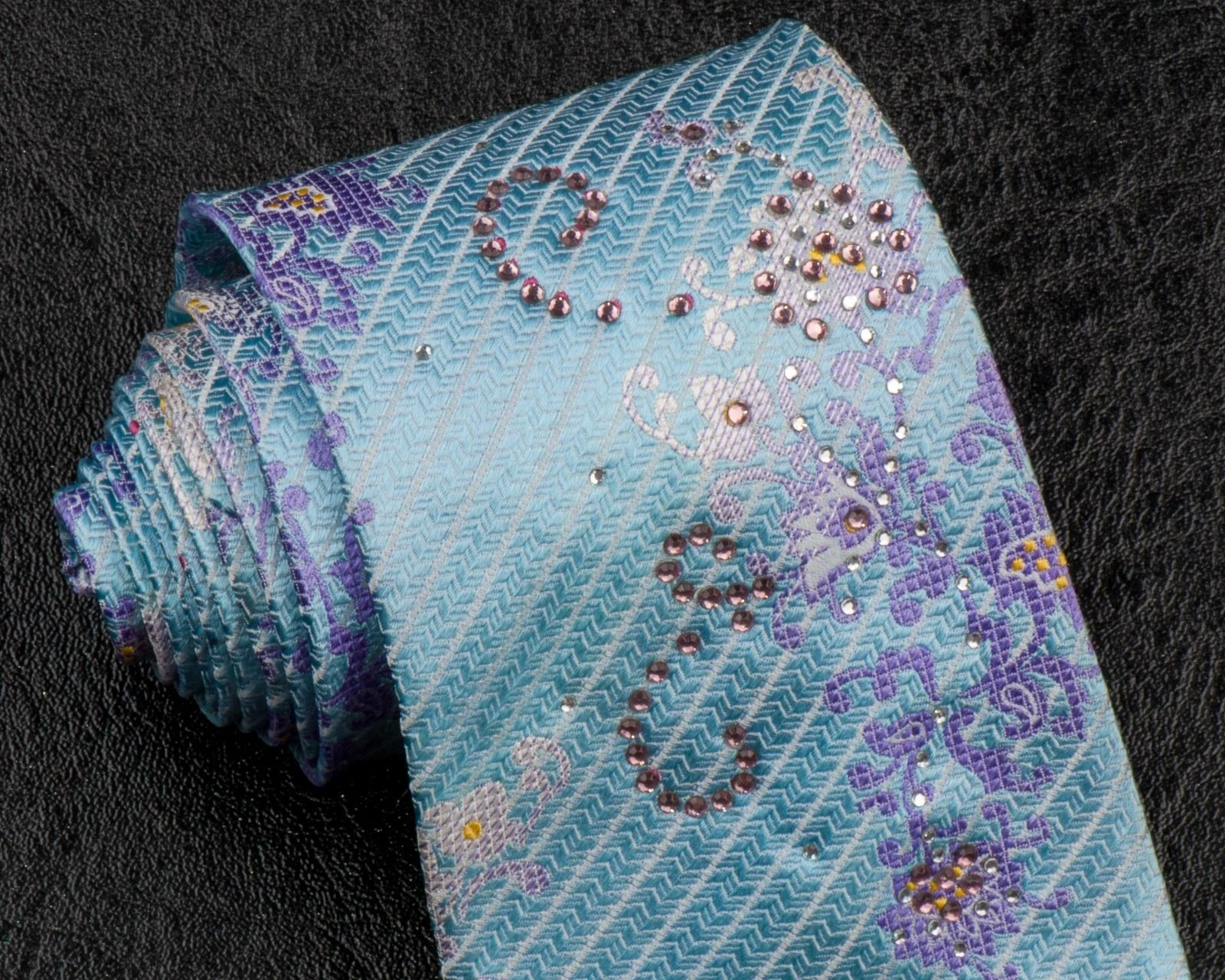 Beverly Hills Polo Club Rhinestone Silk Neck Tie Floral Design On Light Blue - Image 6
