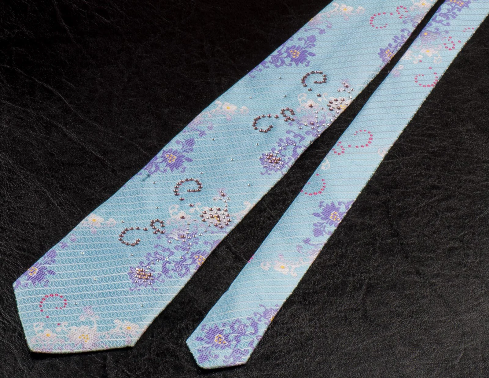 Beverly Hills Polo Club Rhinestone Silk Neck Tie Floral Design On Light Blue - Image 8