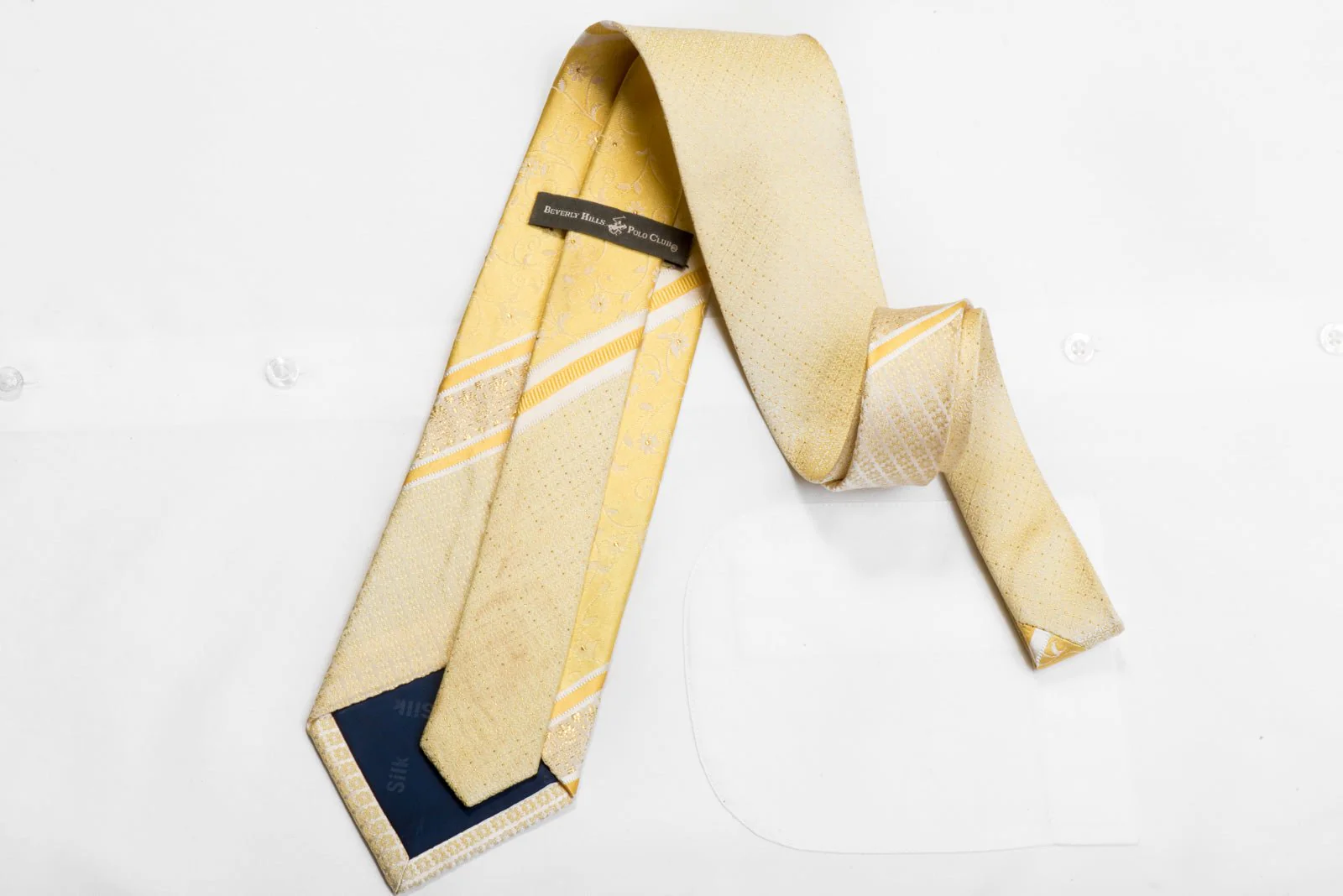 Beverly Hills Polo Club Rhinestone Silk Necktie Stripes & Floral On Yellow With Sparkles - Image 4