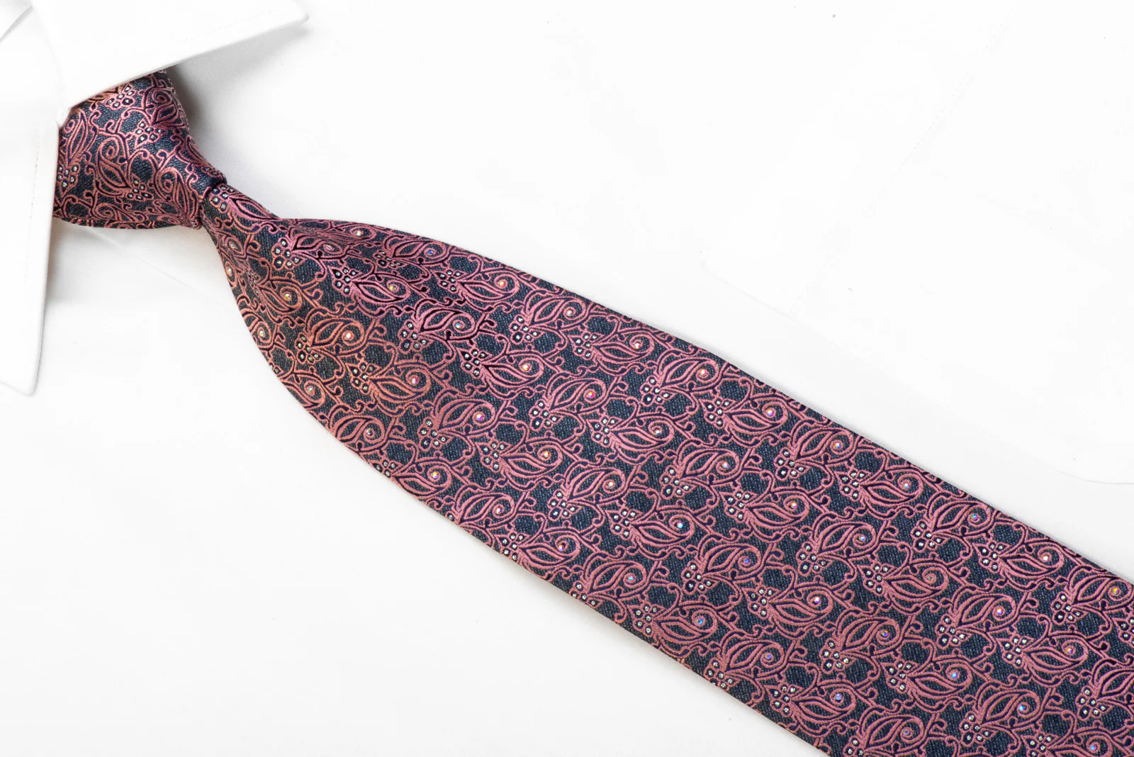 Blu Moon Men's Rhinestone Silk Tie Pink Anthemion On Gray With Sparkles - Image 2