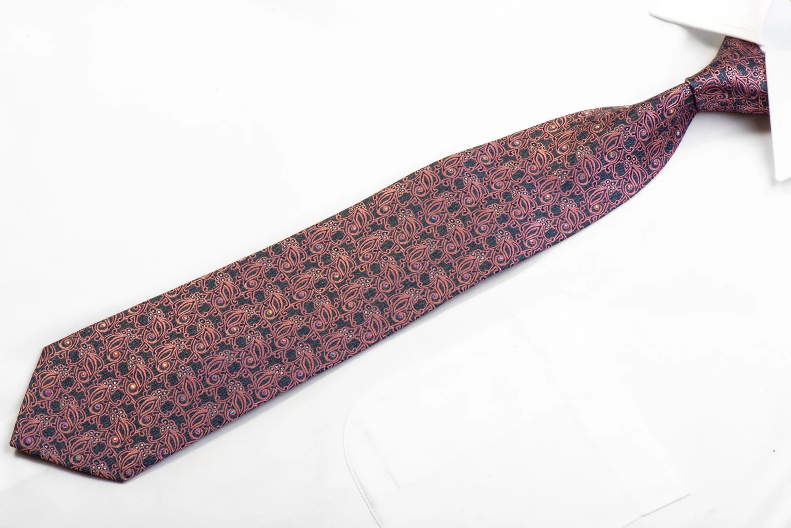 Blu Moon Men's Rhinestone Silk Tie Pink Anthemion On Gray With Sparkles - Image 3