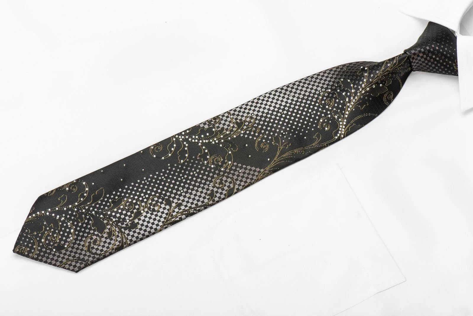 Blu Moon Men's Crystal Silk Necktie Silver Acanthus Checker On Black With Gold Sparkles - Image 3