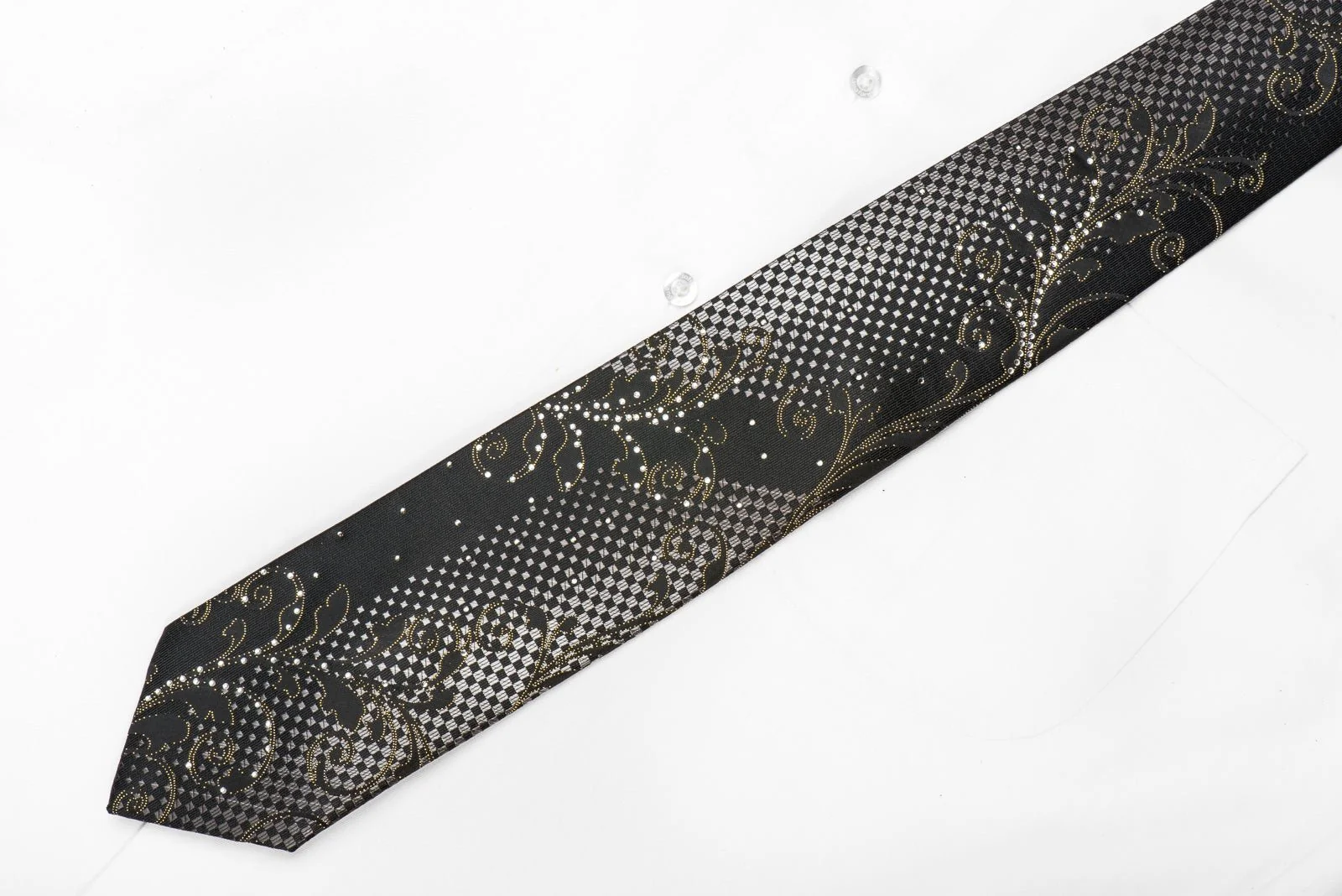 Blu Moon Men's Crystal Silk Necktie Silver Acanthus Checker On Black With Gold Sparkles - Image 5