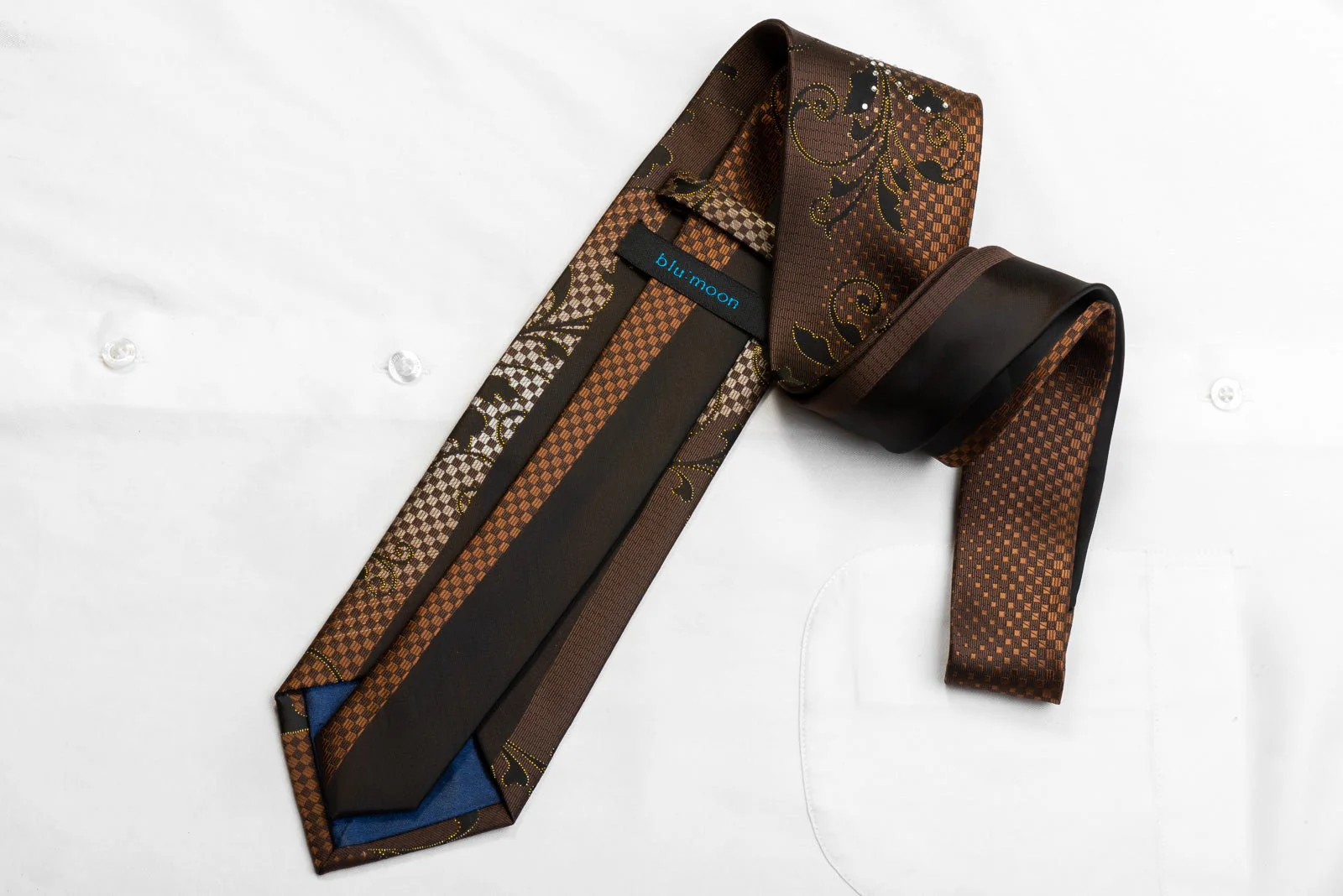 Blu Moon Men's Rhinestone Silk Necktie Acanthus Scrolls On Brown With Gold Sparkles - Image 5