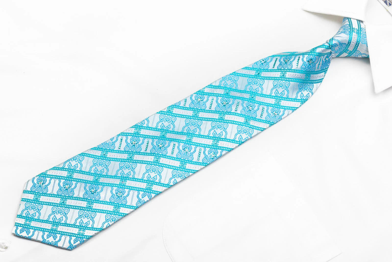 Blu Moon Men's Rhinestone Silk Striped On Pale Blue With Silver Sparkles - Image 3