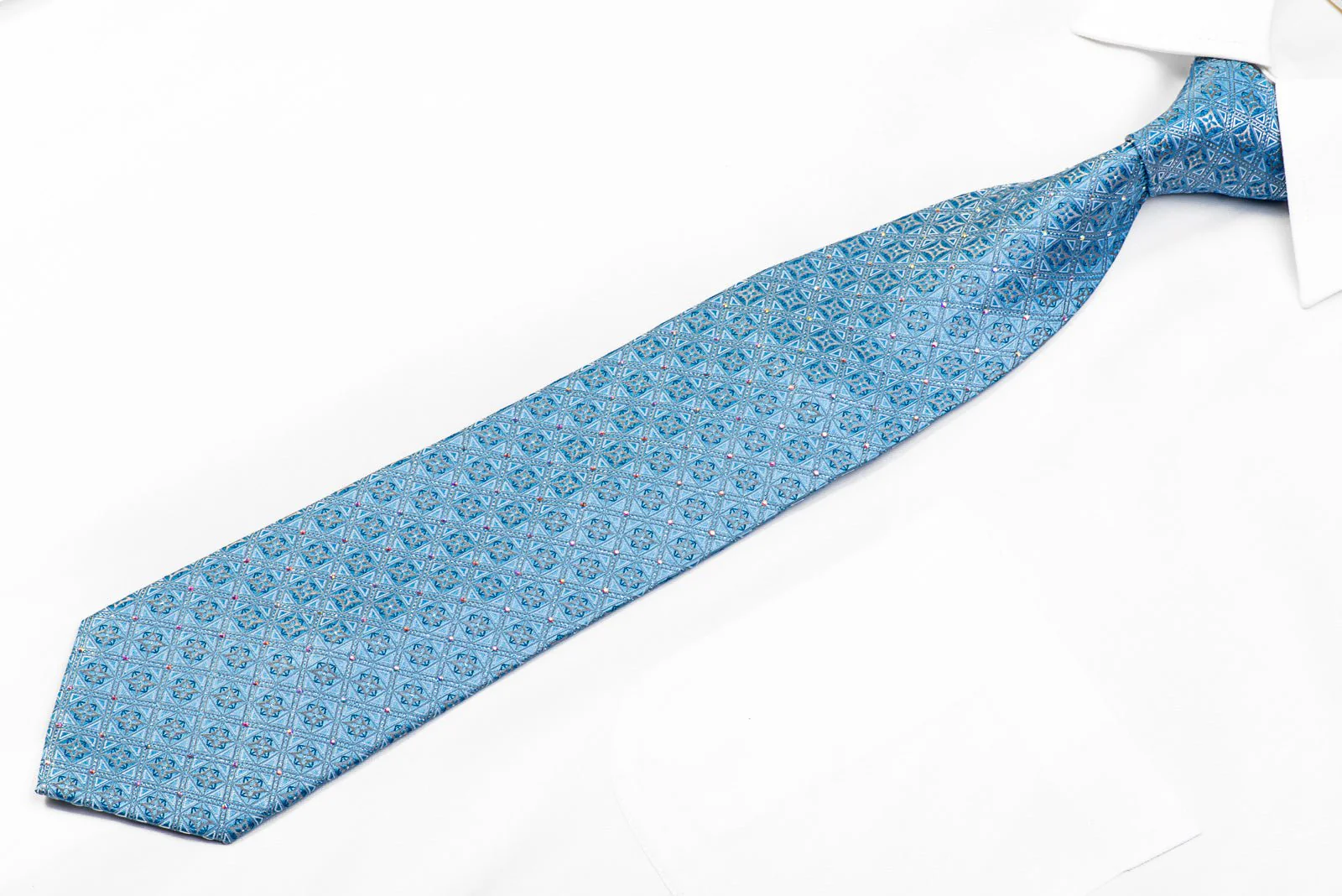 Blu Moon Men's Silk Necktie Geometric Checker On Blue With Silver Sparkles - Image 3