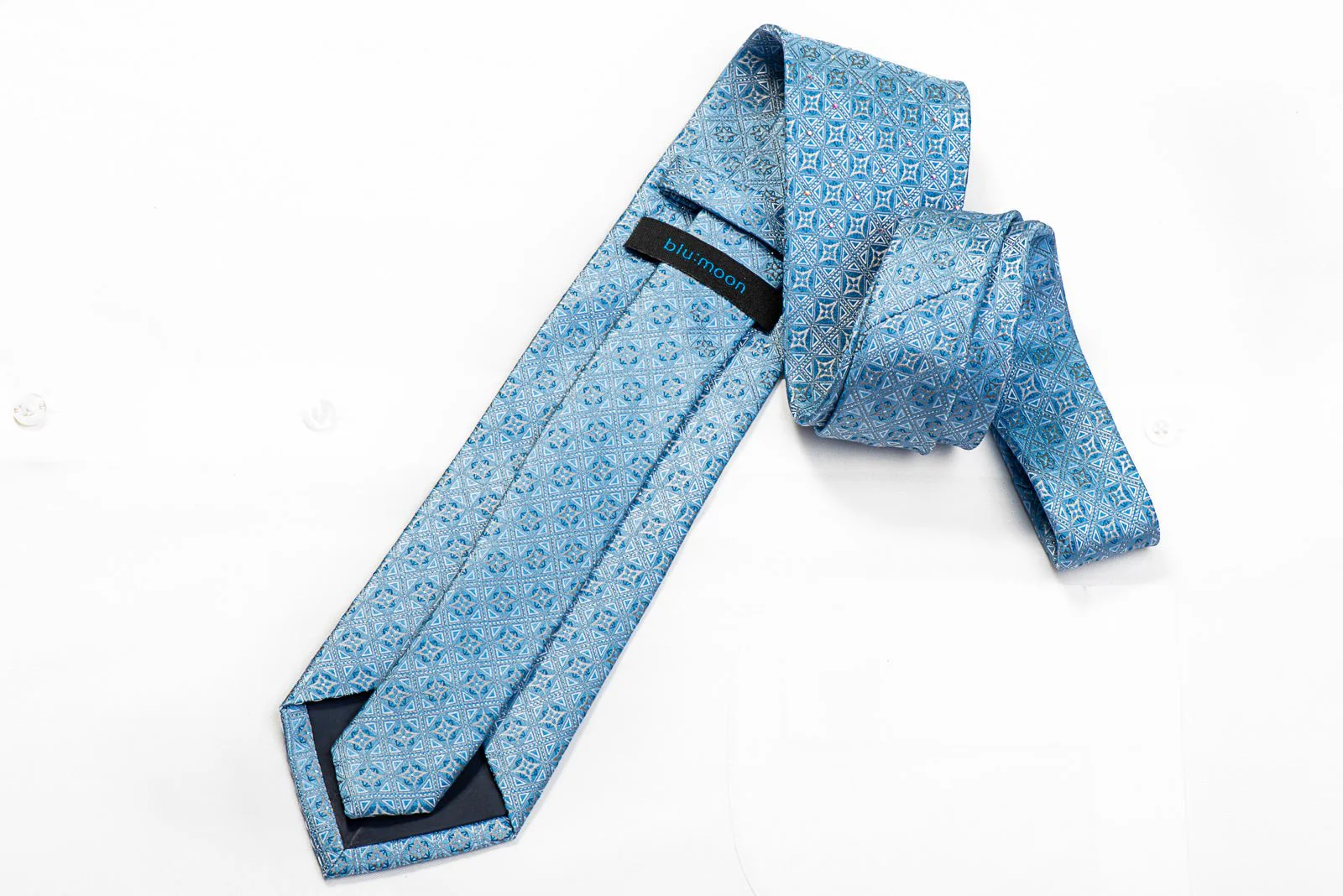 Blu Moon Men's Silk Necktie Geometric Checker On Blue With Silver Sparkles - Image 4