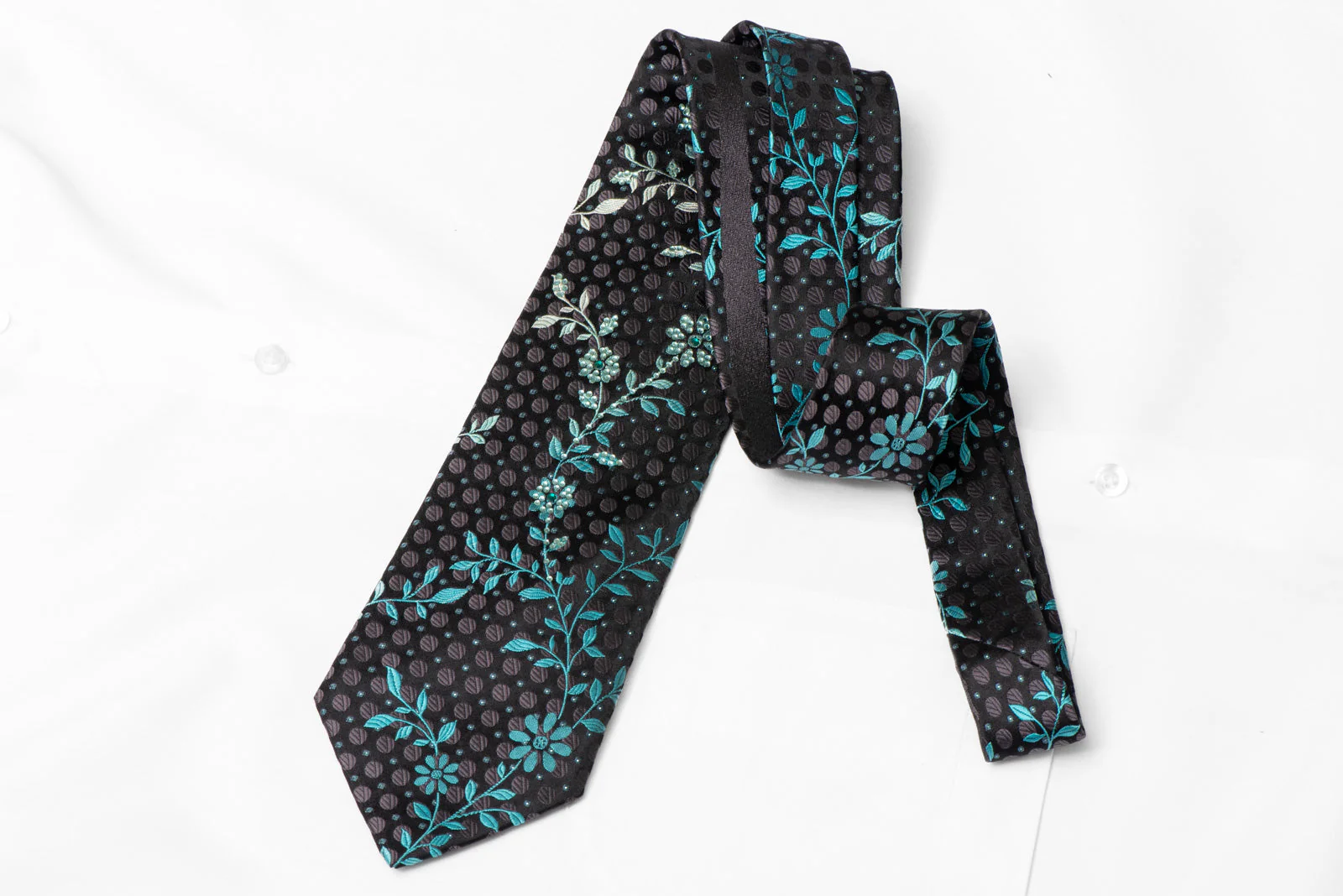 Blue Floral On Black Rhinestone Silk Necktie With Silver Sparkles - Image 4