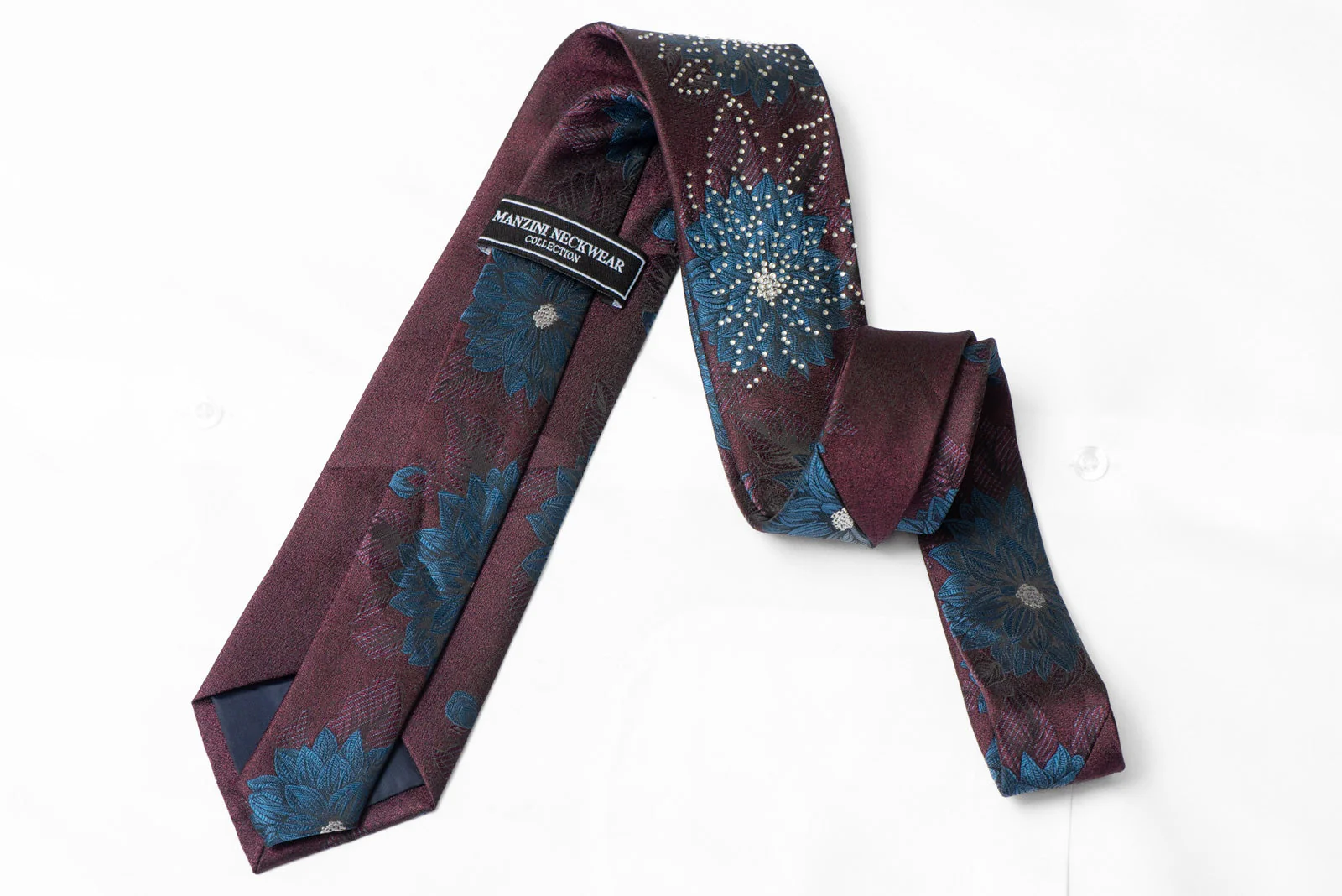 Blue Floral On Burgundy Rhinestone Silk Necktie - Image 3