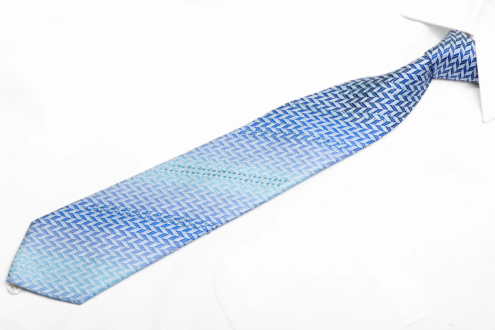 Blue Geometric Chevron Rhinestone Silk Necktie With Sparkles - Image 3