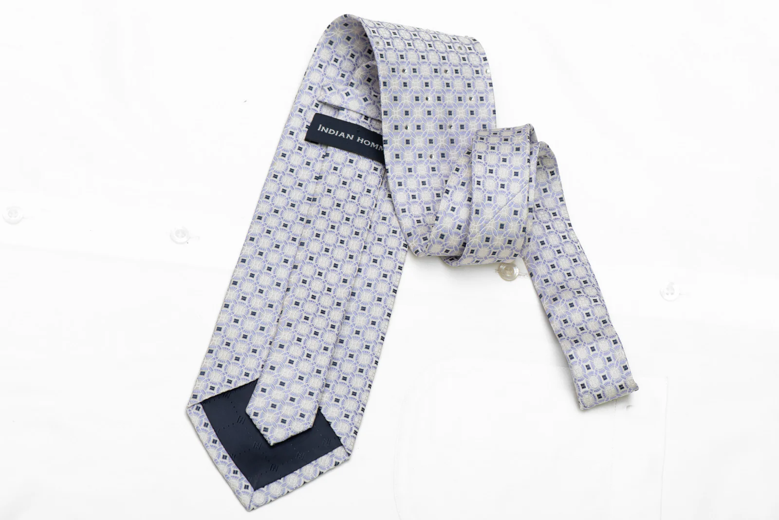 Blue Geometric Circles On White Rhinestone Silk Necktie - Image 4