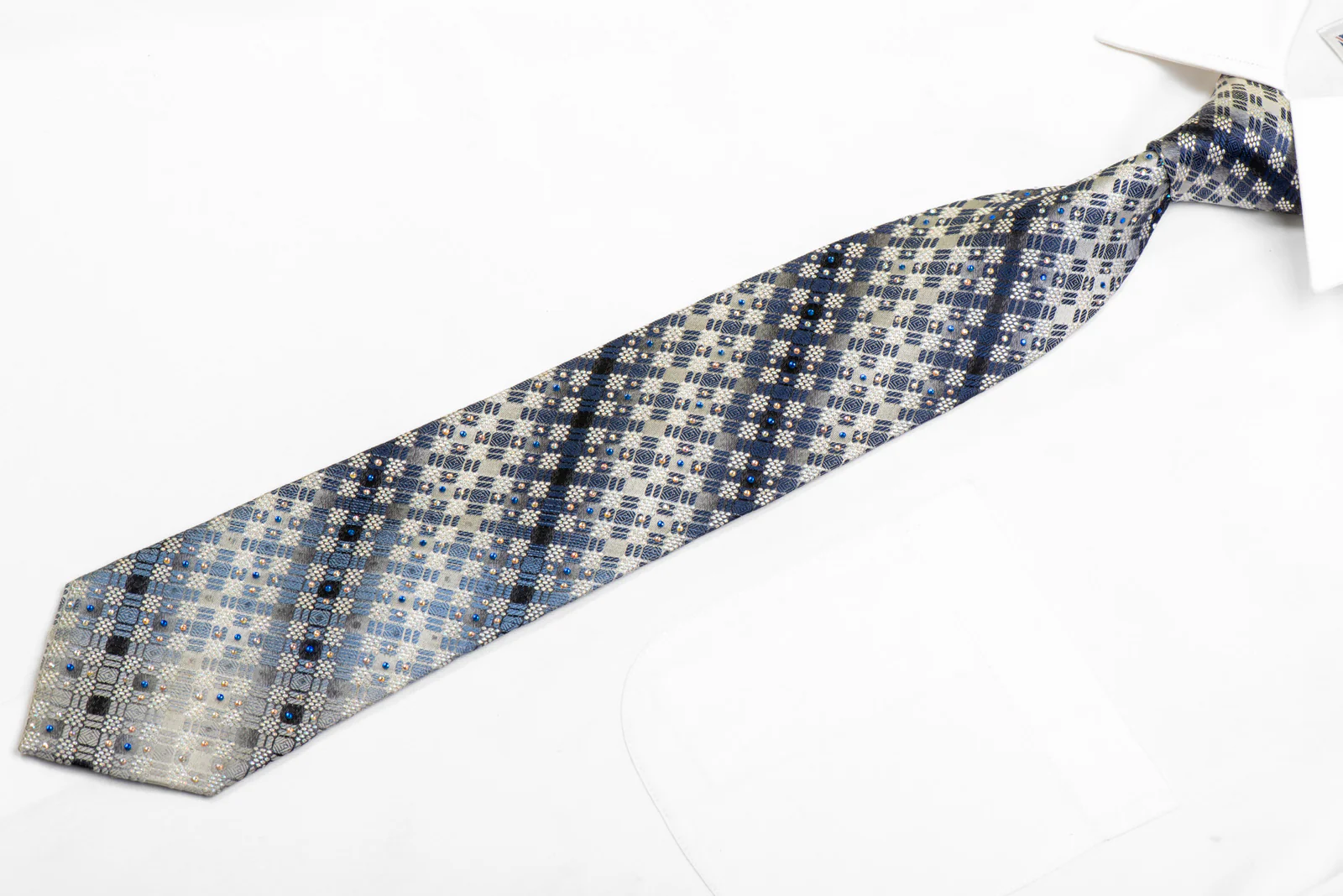Blue Geometric In Silver Rhinestone Silk Necktie With Silver Sparkles - Image 3