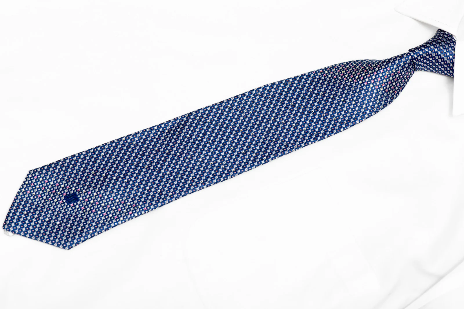 Blue Geometric On Silver Rhinestone Silk Necktie With Silver Sparkles - Image 3