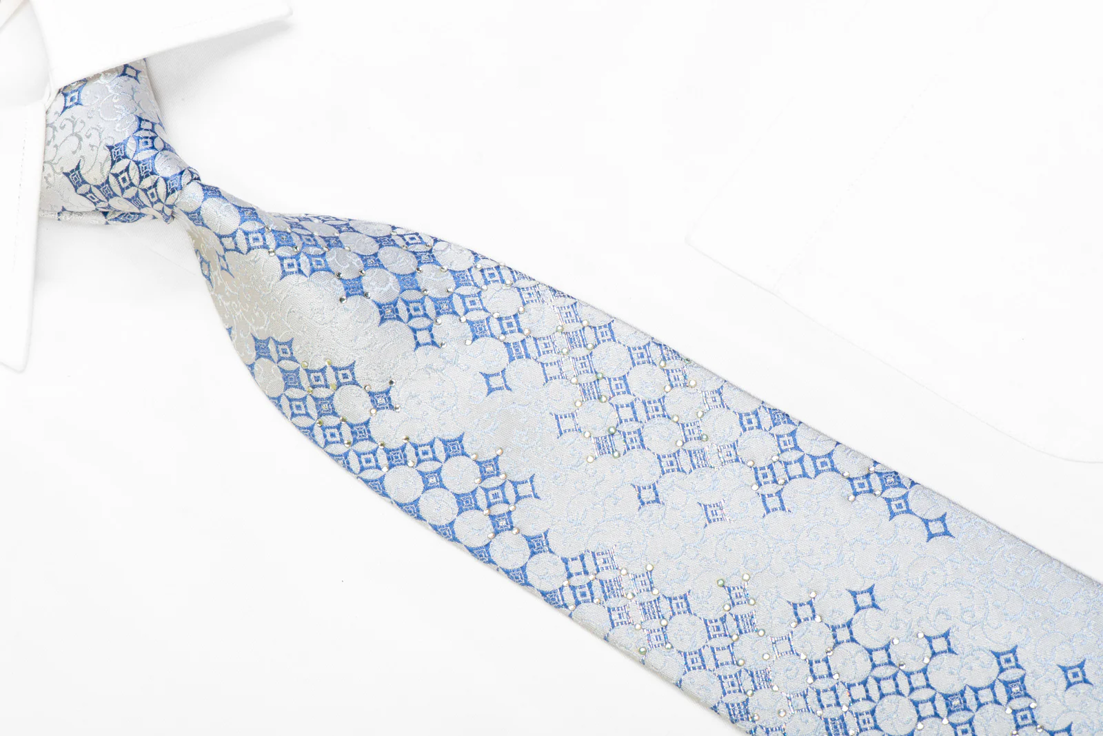 Blue Geometric & Scrolls On White Silk Rhinestone Tie With Sparkles - Image 2