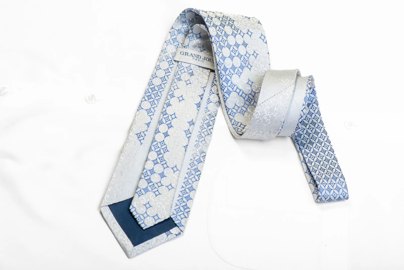 Blue Geometric & Scrolls On White Silk Rhinestone Tie With Sparkles - Image 4