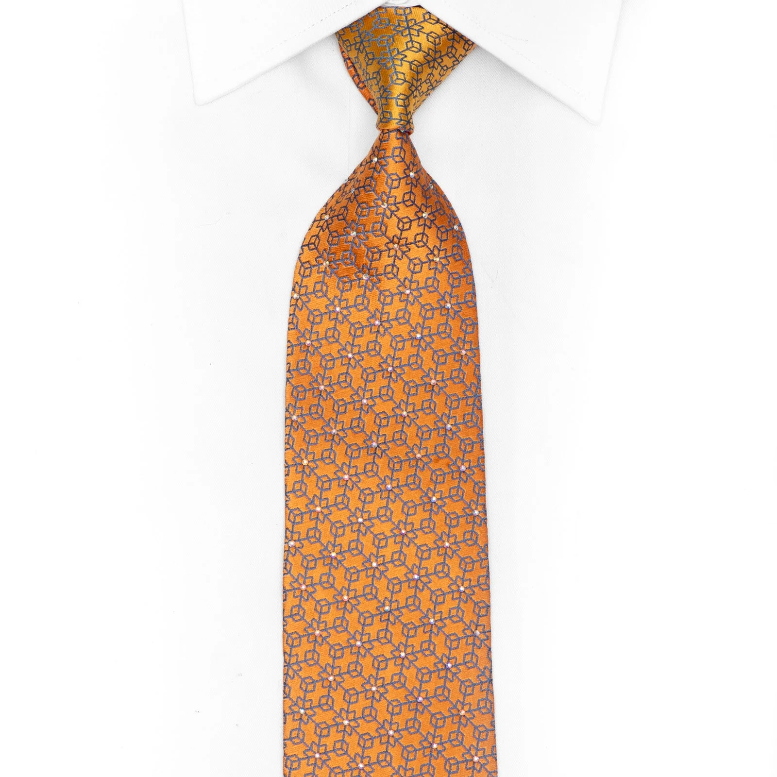 Blue Geometric Trellis On Orange Rhinestone Silk Necktie