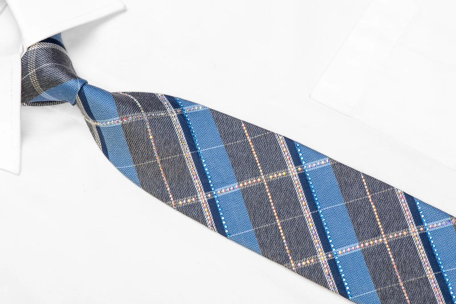 Blue Gray Plaid Rhinestone Silk Necktie - Image 2