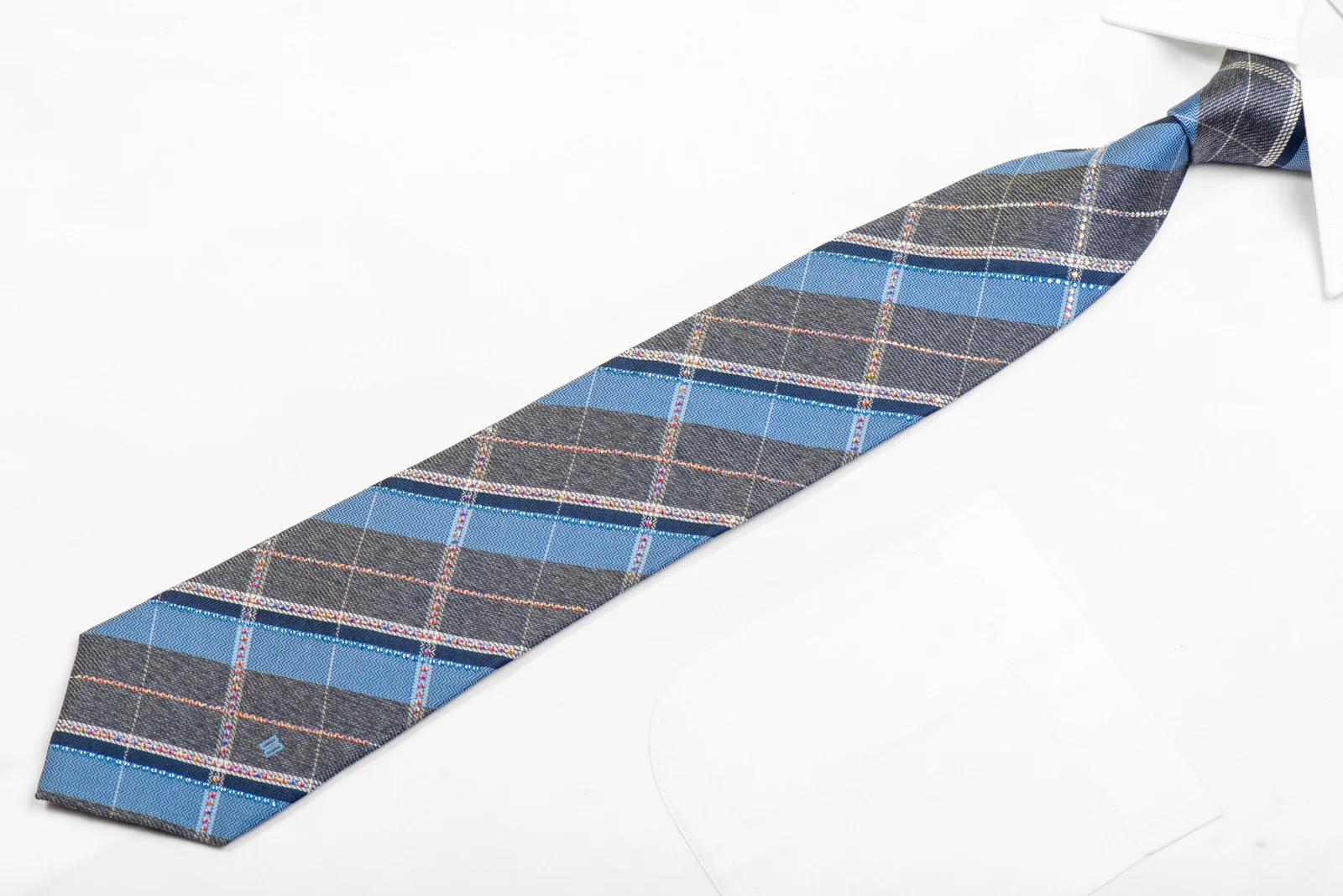 Blue Gray Plaid Rhinestone Silk Necktie - Image 3