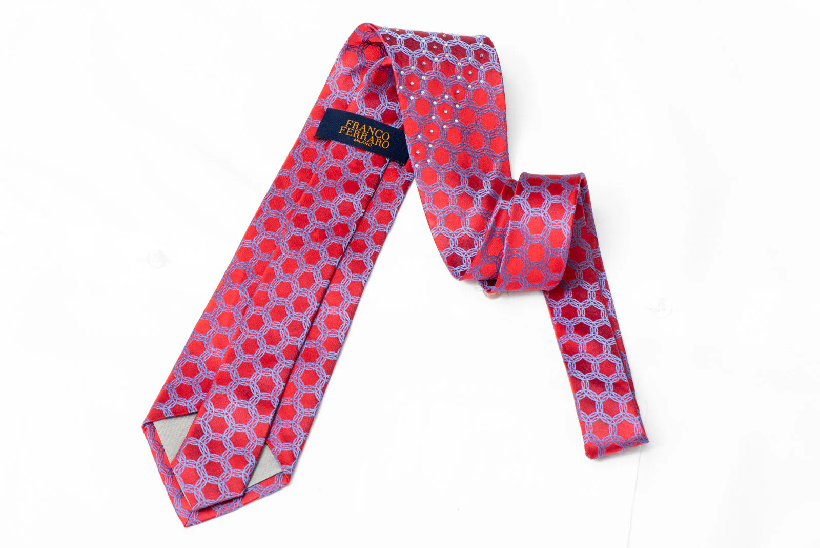 Blue Interlocking Circles On Ruby Red Rhinestone Silk Necktie - Image 3