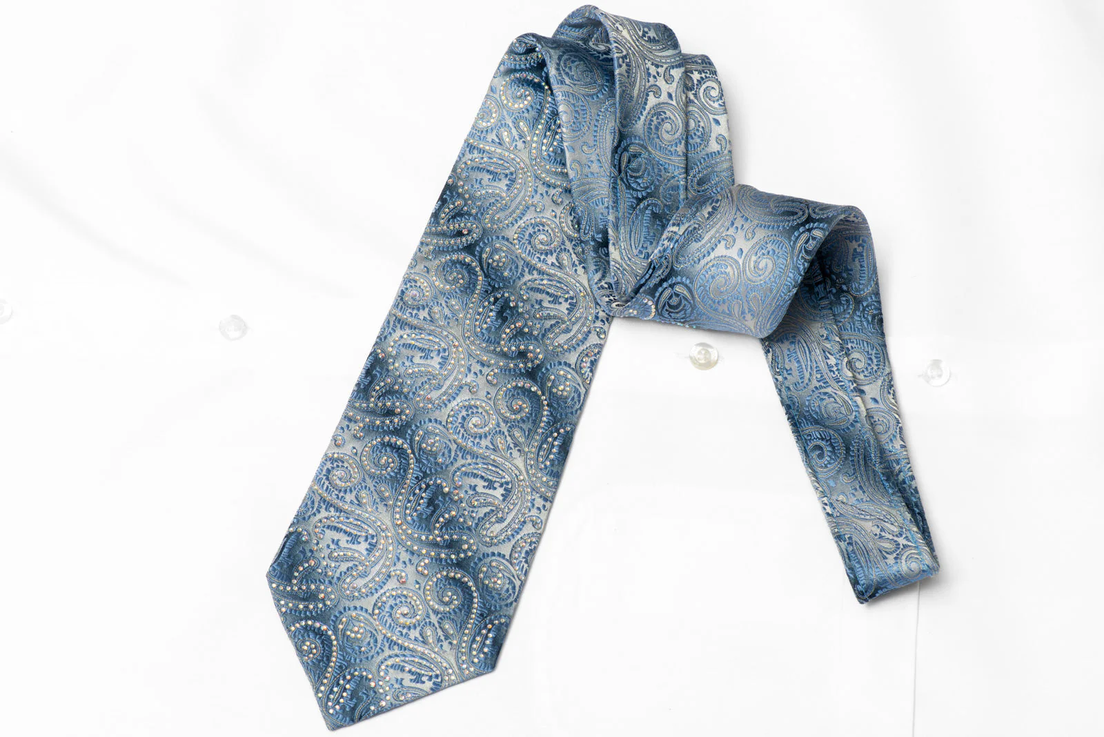Blue Paisley On Silver Rhinestone Silk Tie With Silver Sparkles - Image 3
