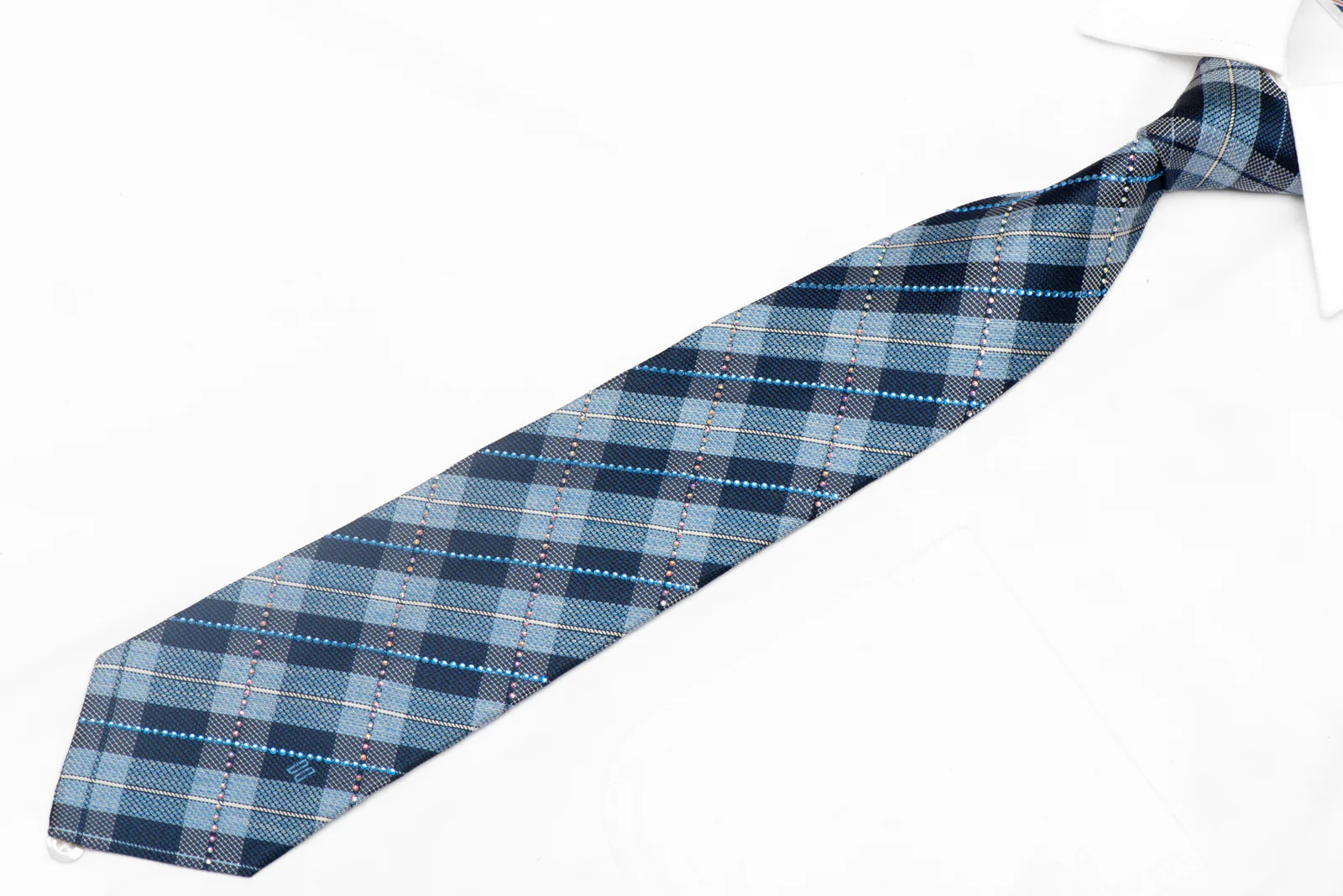 Blue Plaid Rhinestone Silk Necktie - Image 2