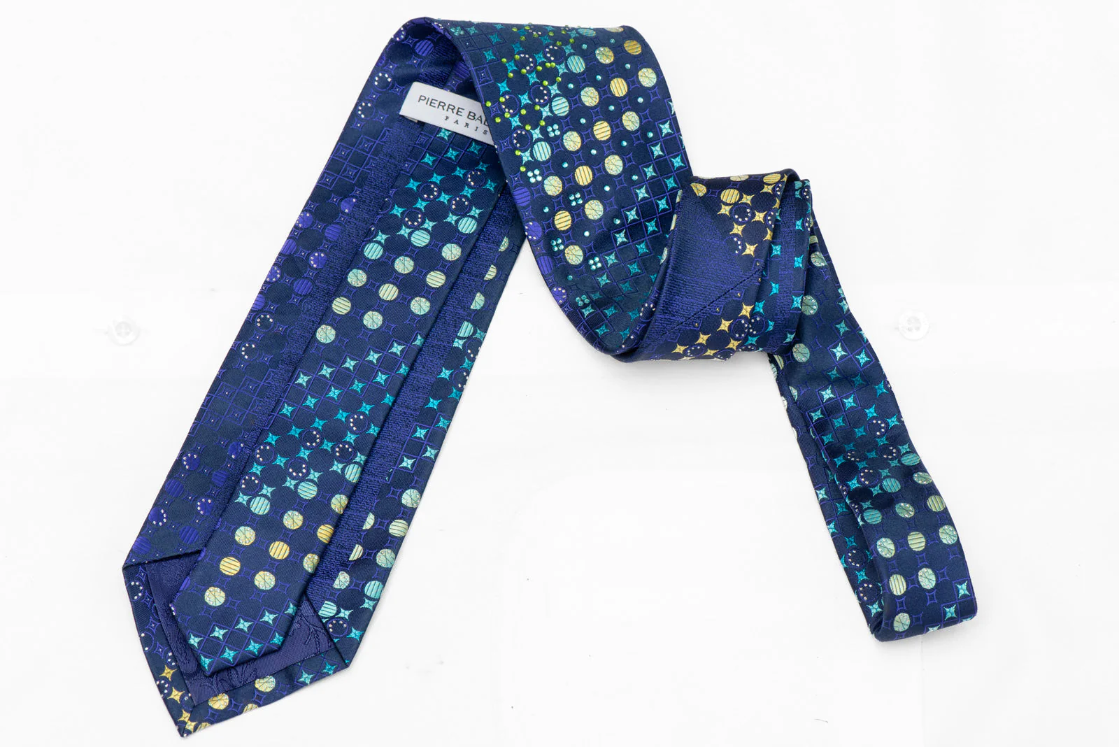 Blue Purple Yellow Geometric On Navy Rhinestone Tie With Silver Sparkles - Image 3