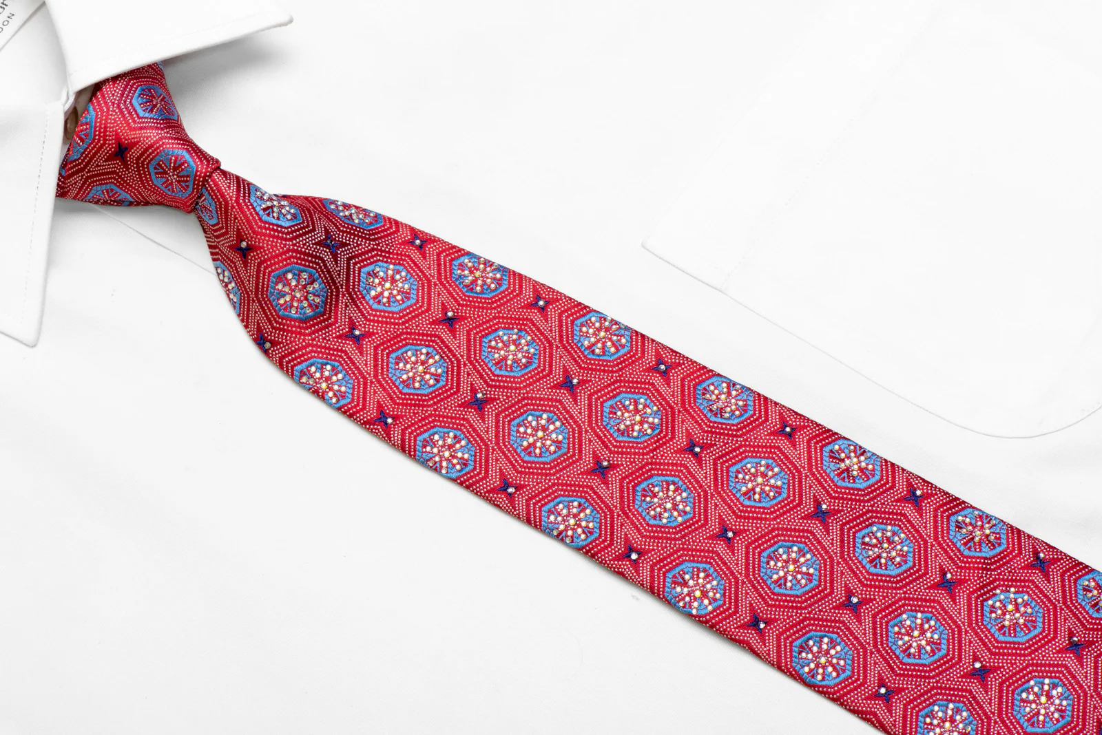 Blue Silver Geometric On Red Rhinestone Silk Necktie - Image 2