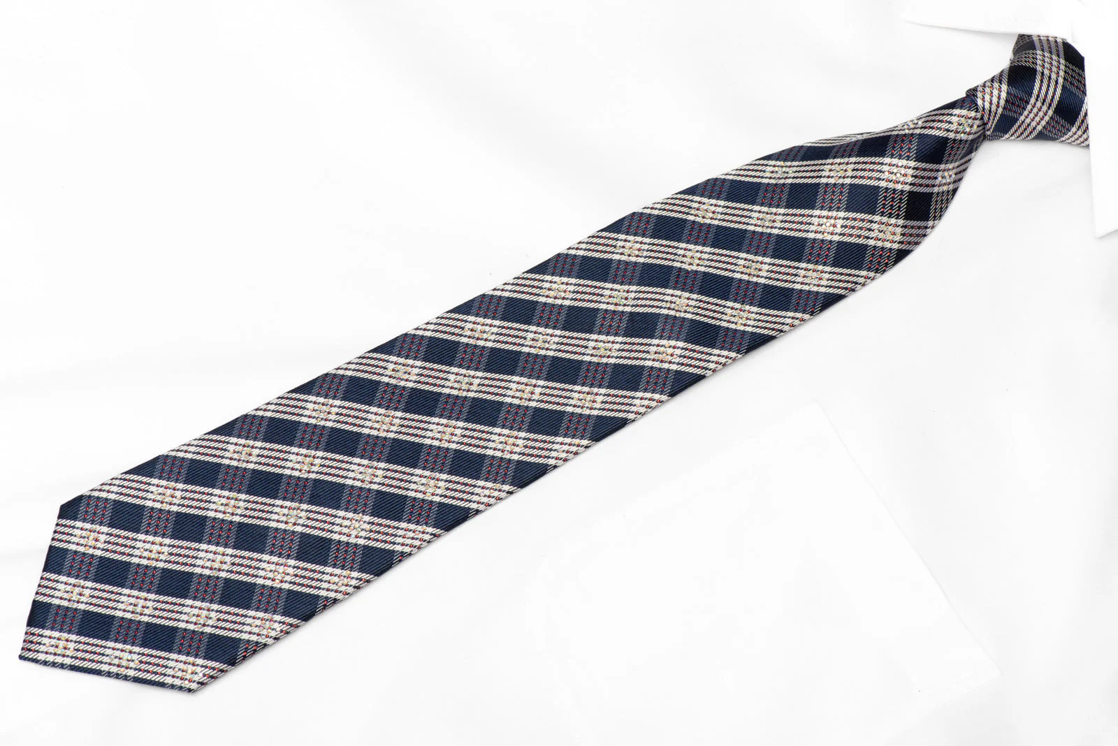Blue Silver Plaid Rhinestone Silk Tie With Red Sparkles - Image 2