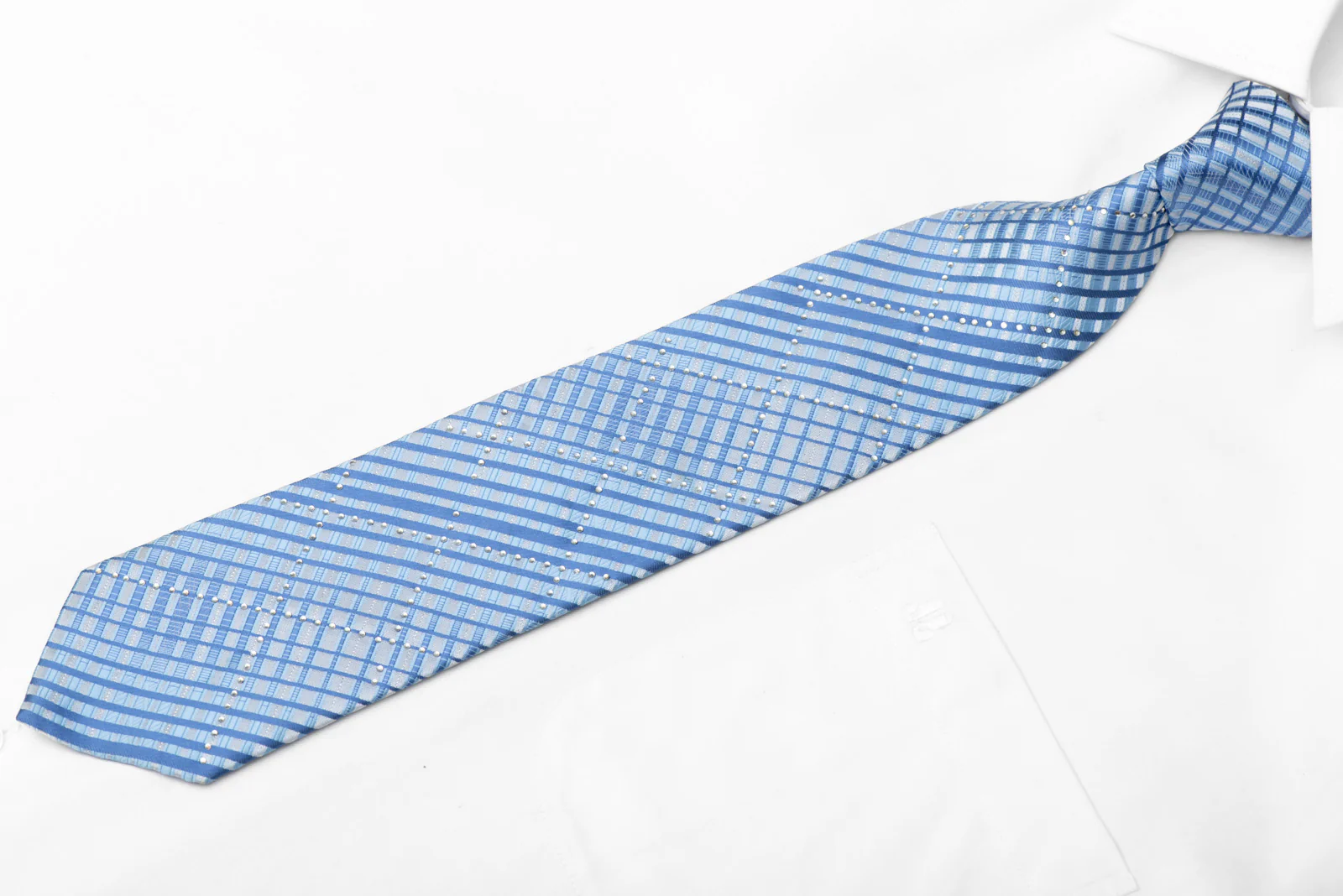 Blue Striped On Silver Rhinestone Silk Necktie With Silver Sparkles - Image 3