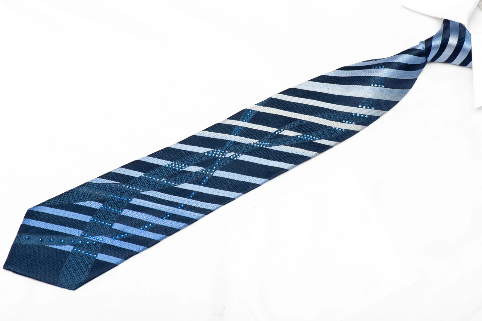 Blue Striped Rhinestone Silk Necktie With Silver Sparkles - Image 2