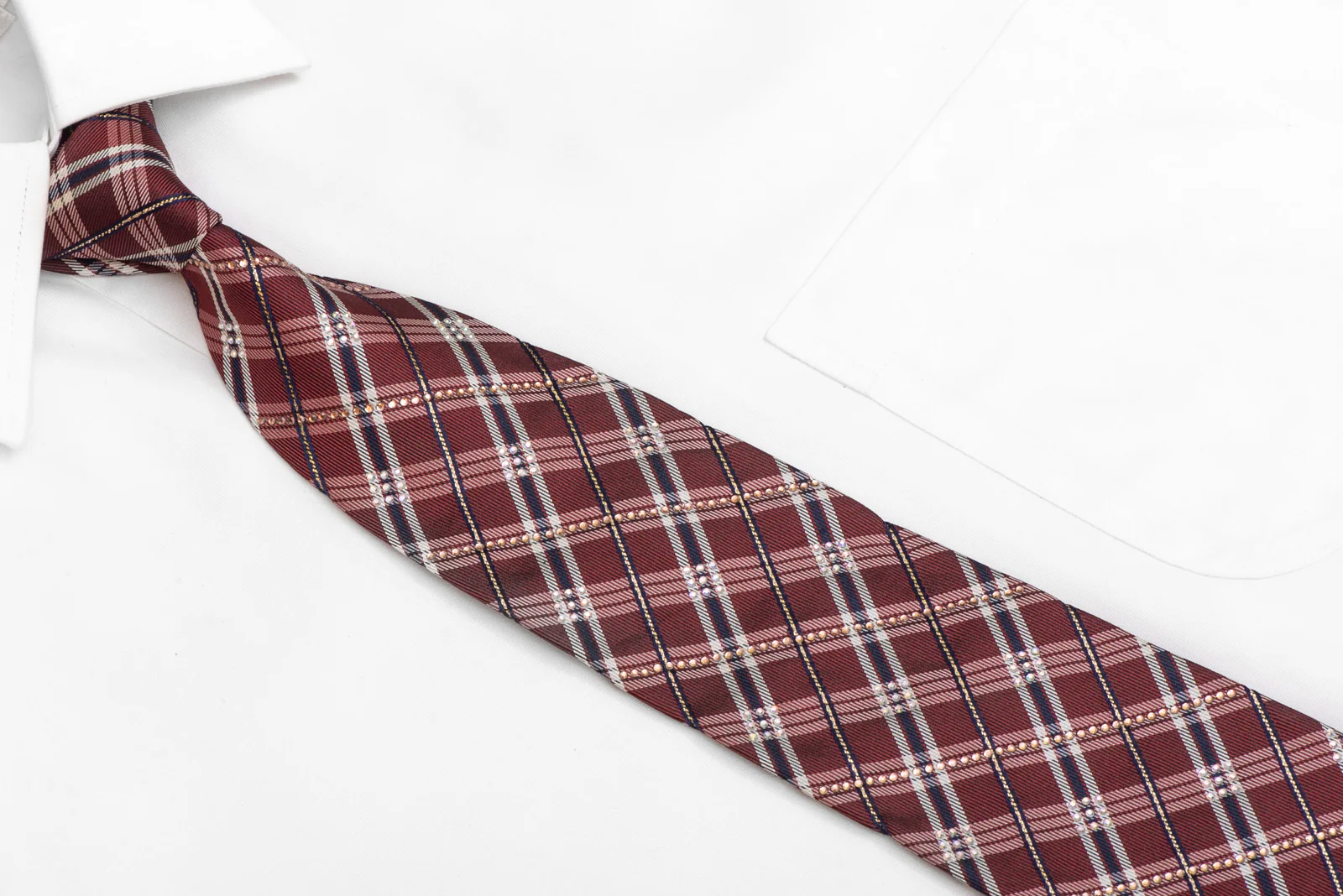 Burgundy Silver Blue Plaid Rhinestone Silk Necktie With Silver Sparkles - Image 2