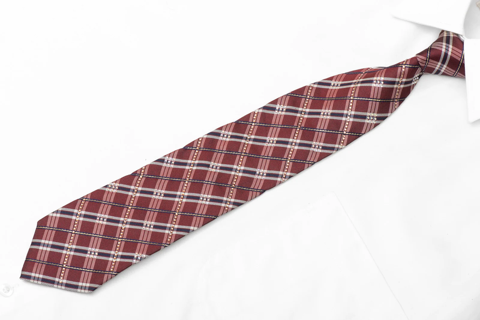 Burgundy Silver Blue Plaid Rhinestone Silk Necktie With Silver Sparkles - Image 3