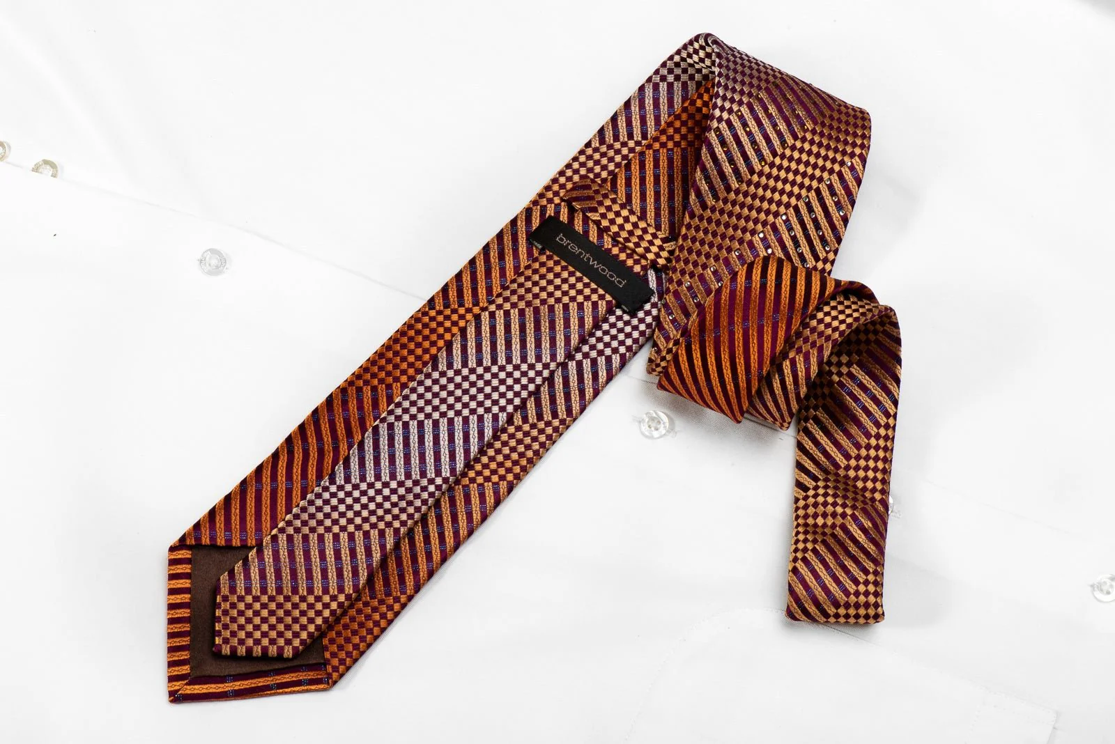 Brentwood Men's Crystal Silk Necktie Orange Striped Checker On Purple With Blue Sparkles - Image 4