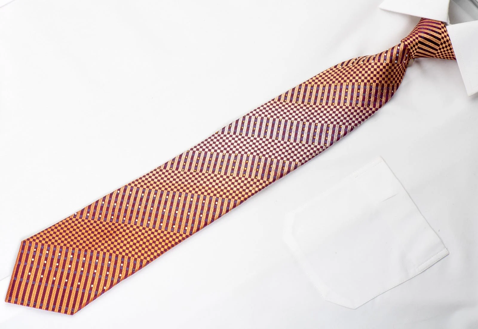 Men's Silk Rhinestone Necktie Orange Checker Striped On Purple - Image 2