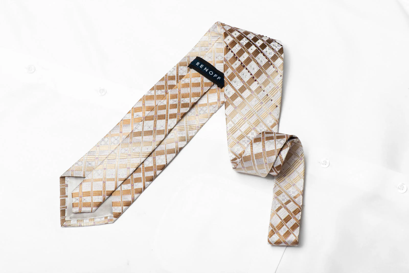 Brown Hatch Striped On Cream Rhinestone Silk Tie With Purple Sparkles - Image 3