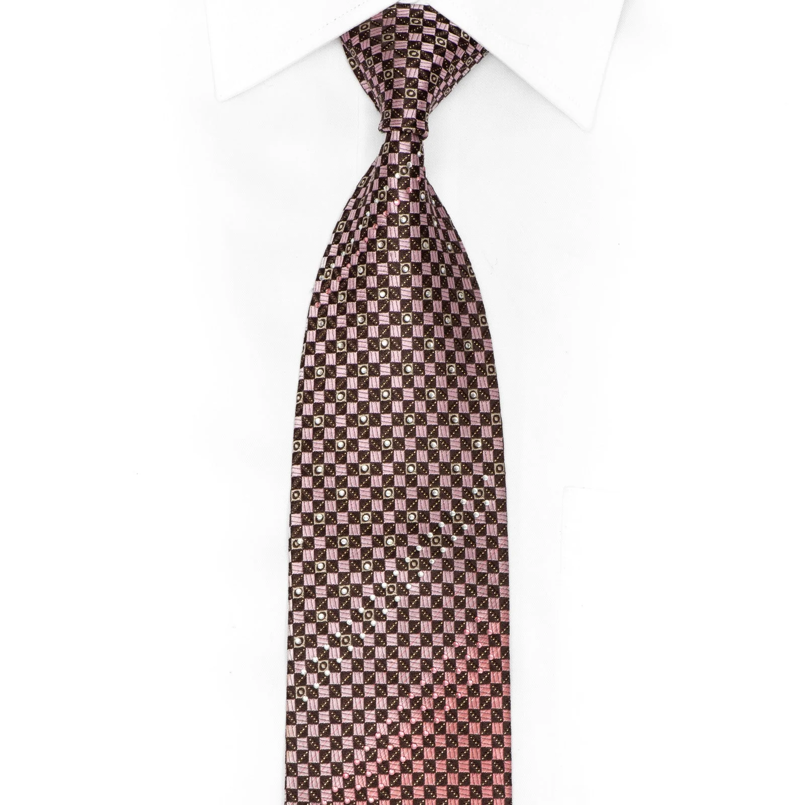Brown Pink Checkered Rhinestone Silk Tie With Silver Sparkles