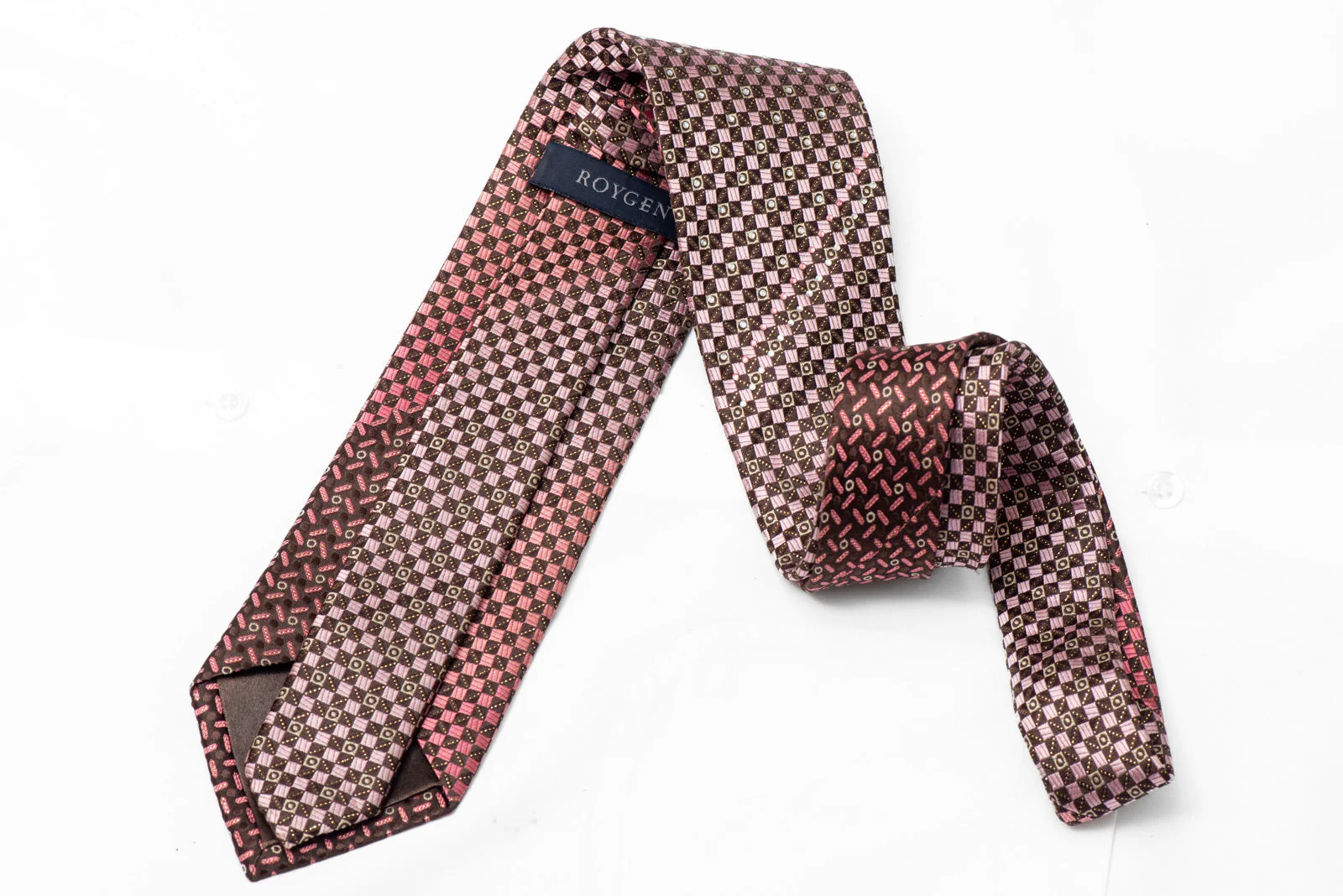 Brown Pink Checkered Rhinestone Silk Tie With Silver Sparkles - Image 3