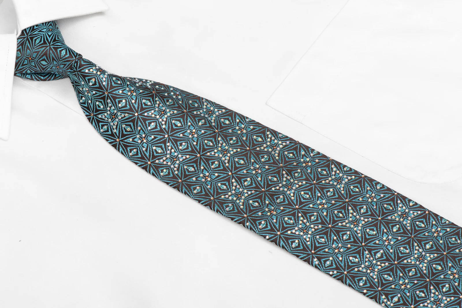 Teal Geometric Trellis On Brown Rhinestone Silk Necktie With Sparkles - Image 2