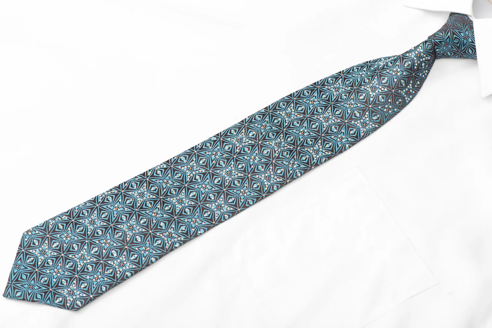 Teal Geometric Trellis On Brown Rhinestone Silk Necktie With Sparkles - Image 3